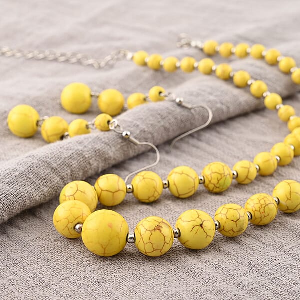 Shop Lc Constituted Yellow Howlite 187.50 Ctw Beaded Necklace 18-22 Inches And Earrings In Silvertone