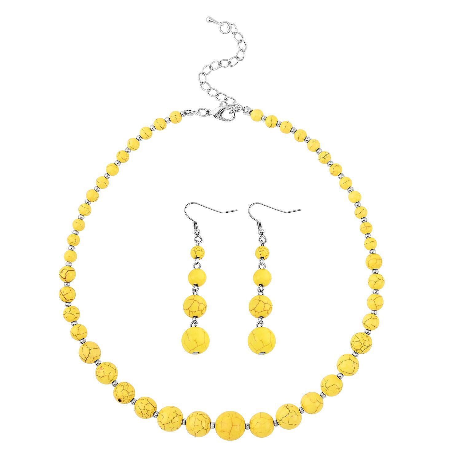 shop lc Constituted Yellow Howlite 187.50 ctw Beaded Necklace 18-22 Inches and Earrings in Silvertone