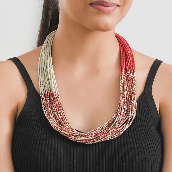 Shop Lc Coral And Ivory Knotted Glass Seed Beaded Necklace In Goldtone 17-19 Inches