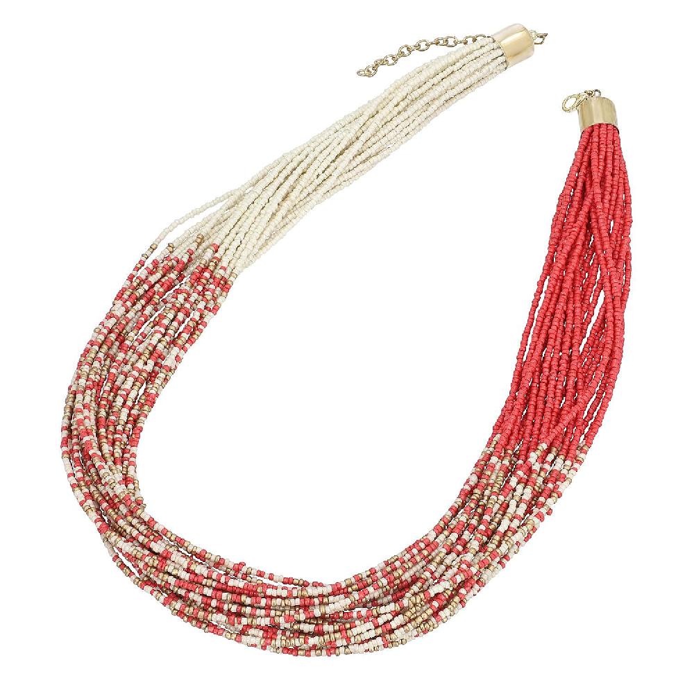 shop lc Coral and Ivory Knotted Glass Seed Beaded Necklace in Goldtone 17-19 Inches