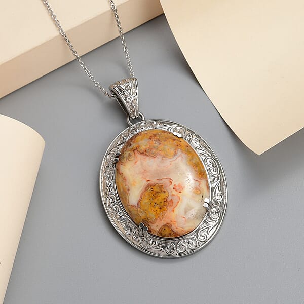 Shop Lc Crazy Lace Agate 82.50 Ctw Pendant Necklace 20 Inches In Stainless Steel Tarnish-Free Waterproof Sweat Proof Jewelry