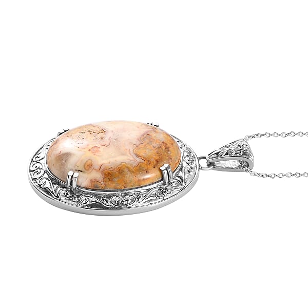 Shop Lc Crazy Lace Agate 82.50 Ctw Pendant Necklace 20 Inches In Stainless Steel Tarnish-Free Waterproof Sweat Proof Jewelry
