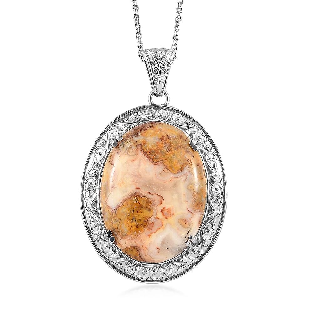 shop lc Crazy Lace Agate 82.50 ctw Pendant Necklace 20 Inches in Stainless Steel Tarnish-Free Waterproof Sweat Proof Jewelry