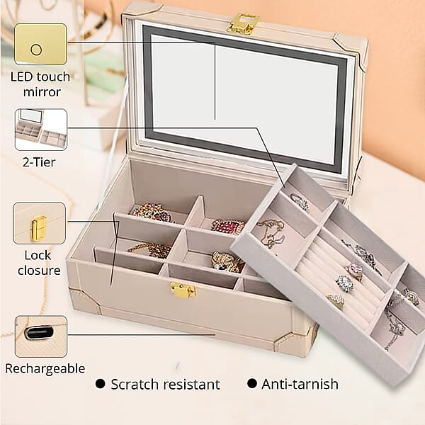 Shop Lc Cream Faux Leather USB Rechargeable Jewelry Box With LED Touch Mirror