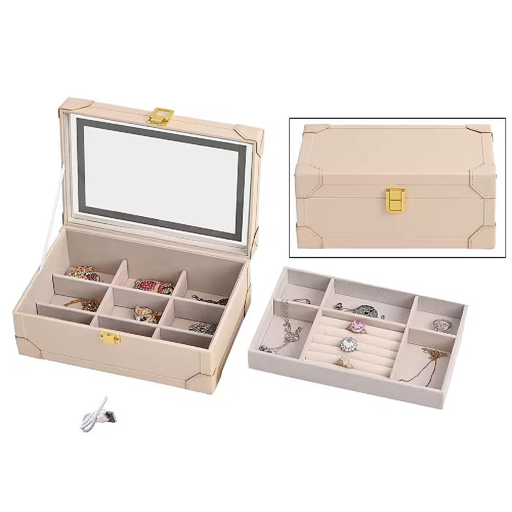 shop lc Cream Faux Leather USB Rechargeable Jewelry Box with LED Touch Mirror