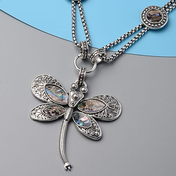Shop Lc Creature Couture - Abalone Shell And Austrian Crystal Dragonfly Necklace In Silvertone 20-22 Inches