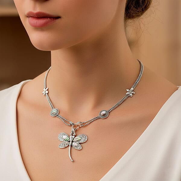 Shop Lc Creature Couture - Abalone Shell And Austrian Crystal Dragonfly Necklace In Silvertone 20-22 Inches