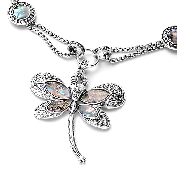 Shop Lc Creature Couture - Abalone Shell And Austrian Crystal Dragonfly Necklace In Silvertone 20-22 Inches