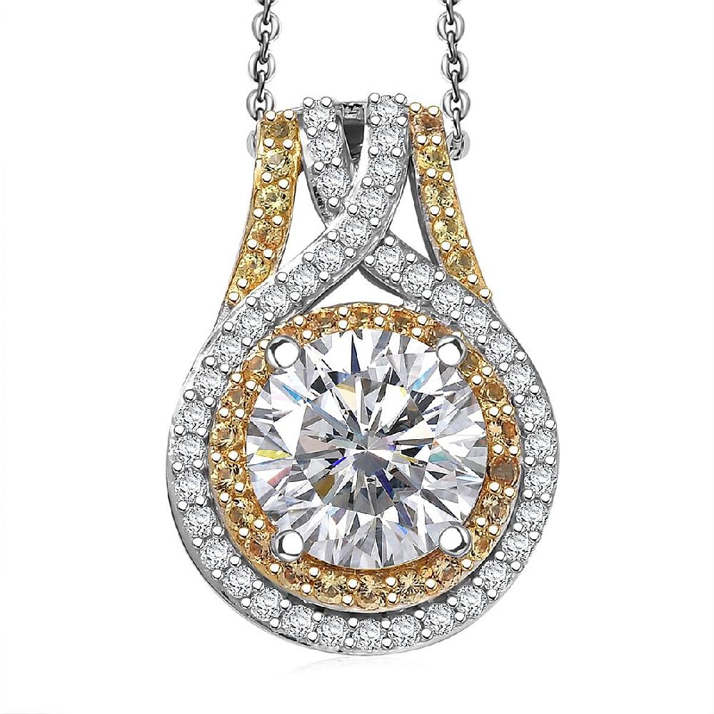 shop lc D'Joy 100 Facets Moissanite and Yellow Sapphire 3.45 ctw Celestial Halo Pendant Necklace in Rhodium Over Sterling Silver 20 Inches