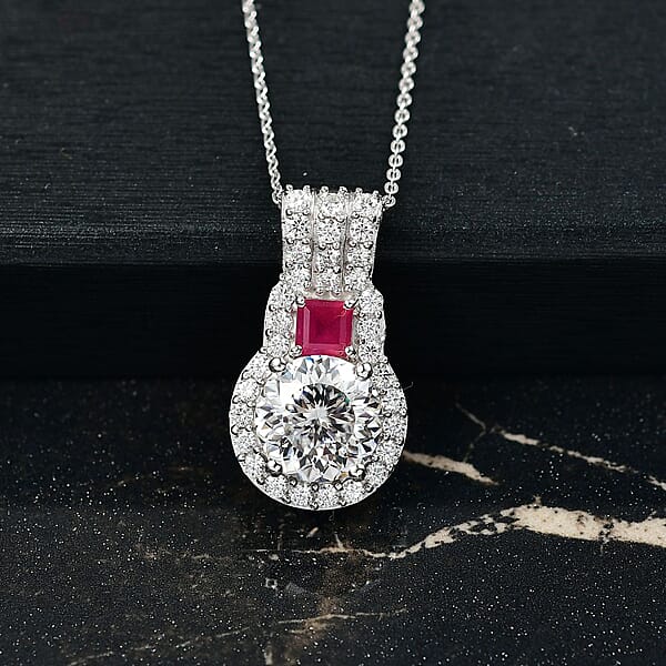 Shop Lc D'Joy 120 Facet Moissanite And Niassa Ruby (FF) 3.80 Ctw Pendant Necklace In Rhodium Over Sterling Silver 20 Inches