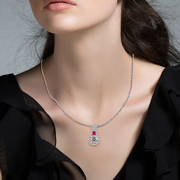 Shop Lc D'Joy 120 Facet Moissanite And Niassa Ruby (FF) 3.80 Ctw Pendant Necklace In Rhodium Over Sterling Silver 20 Inches
