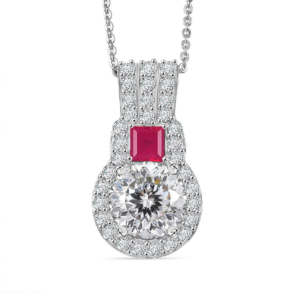 shop lc D'Joy 120 Facet Moissanite and Niassa Ruby (FF) 3.80 ctw Pendant Necklace in Rhodium Over Sterling Silver 20 Inches