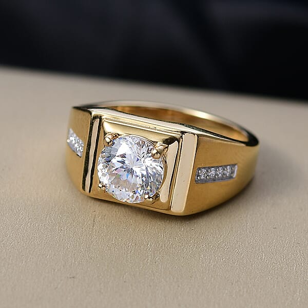 Shop Lc D'Joy 129 Facet Strontium Titanate And Moissanite 3.10 Ctw Men's Ring In 18K Vermeil Yellow Gold Over Sterling Silver