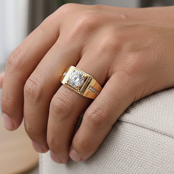 Shop Lc D'Joy 129 Facet Strontium Titanate And Moissanite 3.10 Ctw Men's Ring In 18K Vermeil Yellow Gold Over Sterling Silver