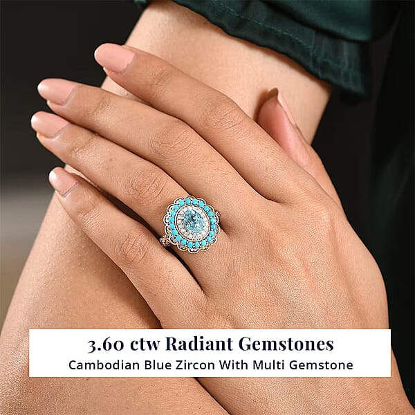 Shop Lc D'Joy AAA Cambodian Blue Zircon Multi Gemstone Ring In 18K Vermeil YG And Rhodium Over Sterling Silver 3.60 Ctw