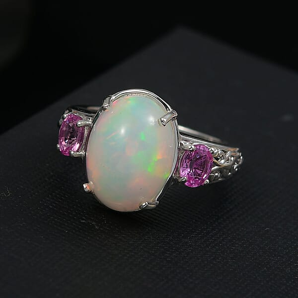 Shop Lc D'Joy AAA Ethiopian Welo Opal And Madagascar Pink Sapphire 4.60 Ctw Aurora Blossom Ring In Rhodium Over Sterling Silver