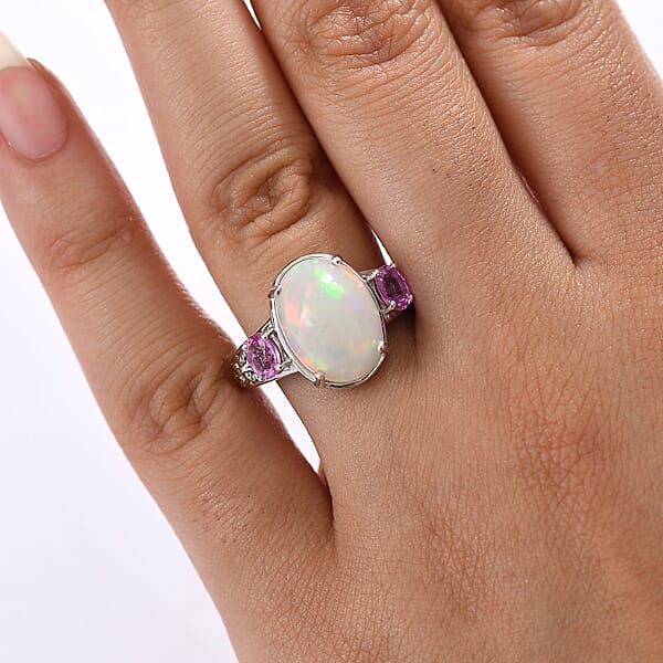 Shop Lc D'Joy AAA Ethiopian Welo Opal And Madagascar Pink Sapphire 4.60 Ctw Aurora Blossom Ring In Rhodium Over Sterling Silver