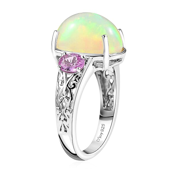 Shop Lc D'Joy AAA Ethiopian Welo Opal And Madagascar Pink Sapphire 4.60 Ctw Aurora Blossom Ring In Rhodium Over Sterling Silver