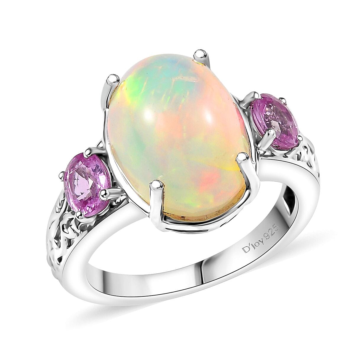 shop lc D'Joy AAA Ethiopian Welo Opal and Madagascar Pink Sapphire 4.60 ctw Aurora Blossom Ring in Rhodium Over Sterling Silver