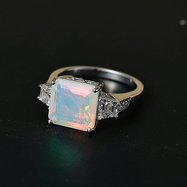Shop Lc D'Joy AAA Ethiopian Welo Opal Moissanite Art Deco Ring In Rhodium Over Sterling Silver 3.40 Ctw