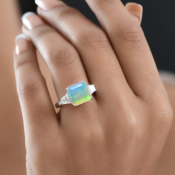Shop Lc D'Joy AAA Ethiopian Welo Opal Moissanite Art Deco Ring In Rhodium Over Sterling Silver 3.40 Ctw