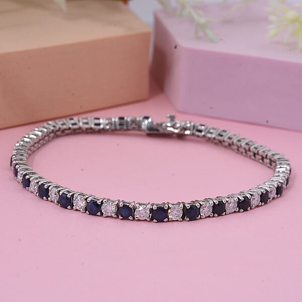 Shop Lc D'Joy AAA Kanchanaburi Blue Sapphire And Moissanite 6.85 Ctw Midnight Royalty Bracelet In Rhodium Over Sterling Silver (7.25 In)