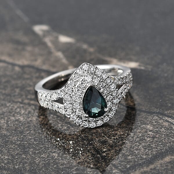 Shop Lc D'Joy AAA Madagascar Teal Sapphire Moissanite Ring In Rhodium Over Sterling Silver 1.60 Ctw