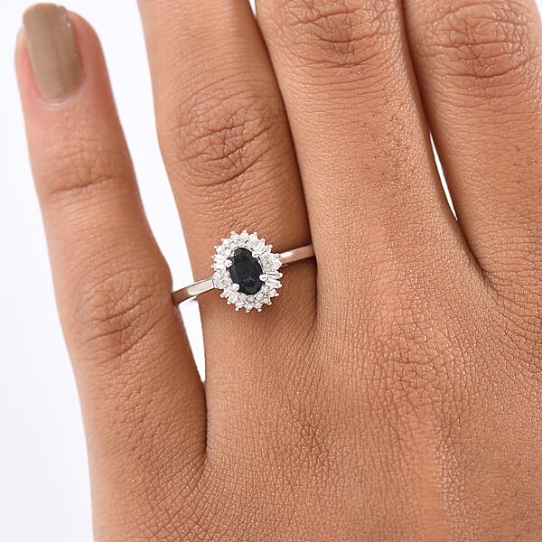 Shop Lc D'Joy AAA Monte Belo Indicolite And Diamond 0.65 Ctw Art Deco Halo Ring In Rhodium Over Sterling Silver