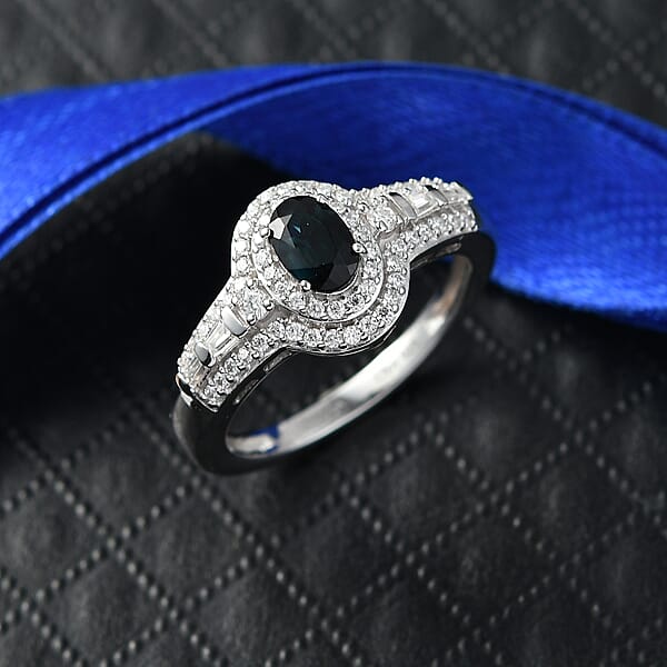 Shop Lc D'Joy AAA Monte Belo Indicolite And Moissanite 1.10 Ctw Regal Blue Halo Ring In Rhodium Over Sterling Silver