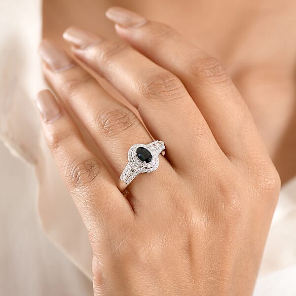 Shop Lc D'Joy AAA Monte Belo Indicolite And Moissanite 1.10 Ctw Regal Blue Halo Ring In Rhodium Over Sterling Silver