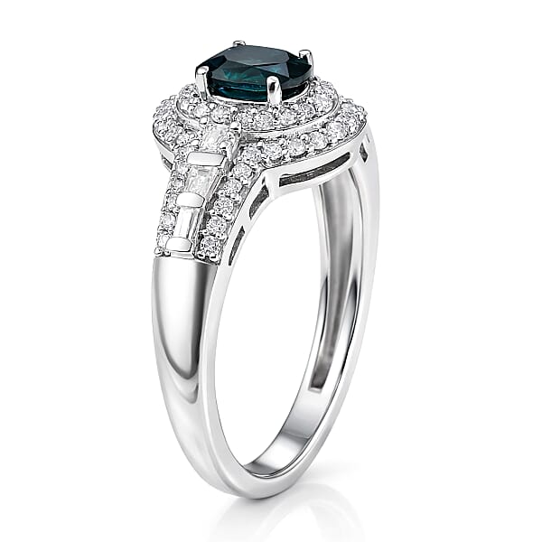 Shop Lc D'Joy AAA Monte Belo Indicolite And Moissanite 1.10 Ctw Regal Blue Halo Ring In Rhodium Over Sterling Silver