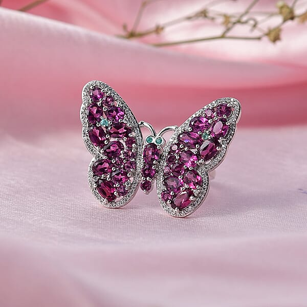 Shop Lc D'Joy AAA Radiant Ember Garnet Multi Gemstone Flamecrest Butterfly Ring In Rhodium Over Sterling Silver 6.20 Ctw