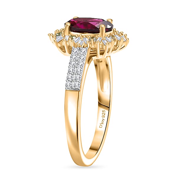 Shop Lc D'Joy AAA Radiant Ember Garnet Paraiba Tourmaline And Diamond 2.10 Ctw Sunray Ring In 18K Vermeil Yellow Gold Over Sterling Silver