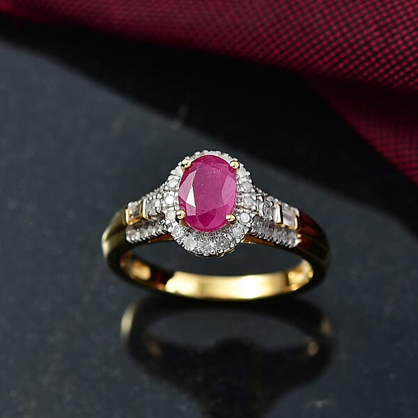 Shop Lc D'Joy AAA Royal Ruby And Diamond 1.50 Ctw Halo Ring In 18K Vermeil Yellow Gold Over Sterling Silver