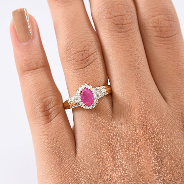 Shop Lc D'Joy AAA Royal Ruby And Diamond 1.50 Ctw Halo Ring In 18K Vermeil Yellow Gold Over Sterling Silver