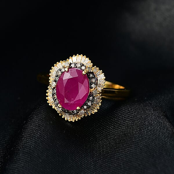 Shop Lc D'Joy AAA Royal Ruby Natural Diamond Ring In 18K Vermeil YG Over Sterling Silver 3.10 Ctw