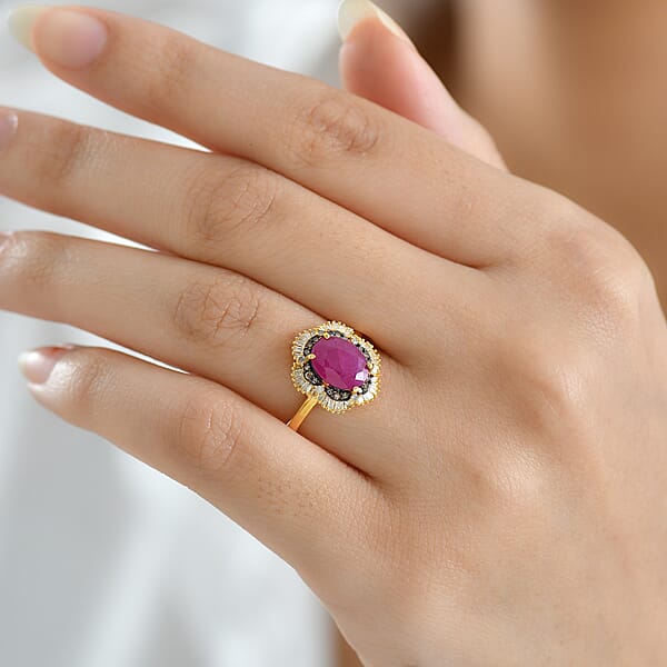 Shop Lc D'Joy AAA Royal Ruby Natural Diamond Ring In 18K Vermeil YG Over Sterling Silver 3.10 Ctw