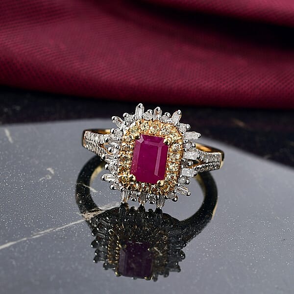 Shop Lc D'Joy AAA Royal Ruby Yellow Sapphire And Diamond 1.50 Ctw Ring In 18K Vermeil Yellow Gold Over Sterling Silver