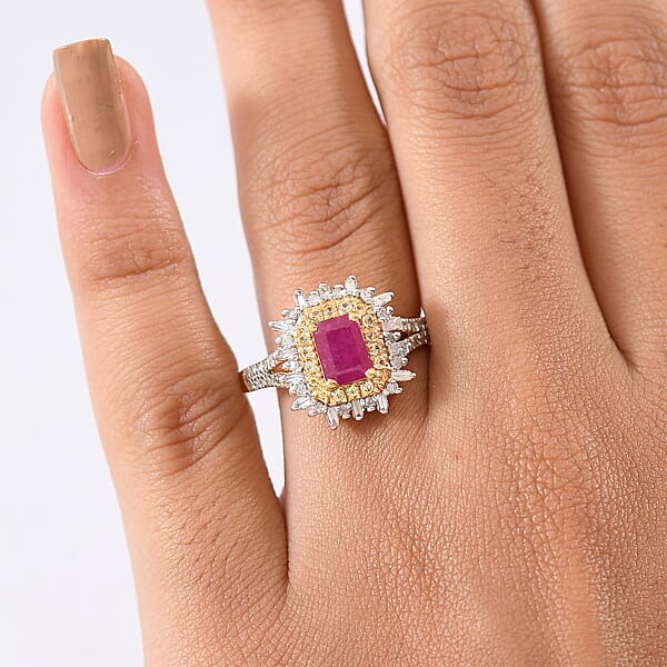 Shop Lc D'Joy AAA Royal Ruby Yellow Sapphire And Diamond 1.50 Ctw Ring In 18K Vermeil Yellow Gold Over Sterling Silver