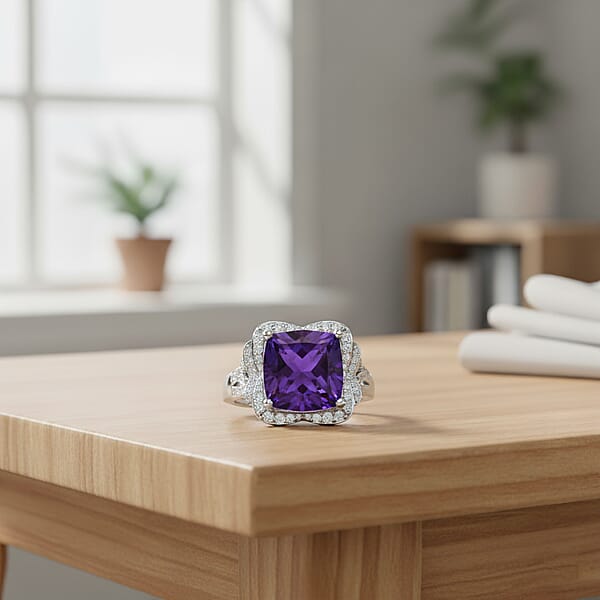 Shop Lc D'Joy AAA Zambian Amethyst And Moissanite 5.65 Ctw Poinsettia Flower Ring In Rhodium Over Sterling Silver