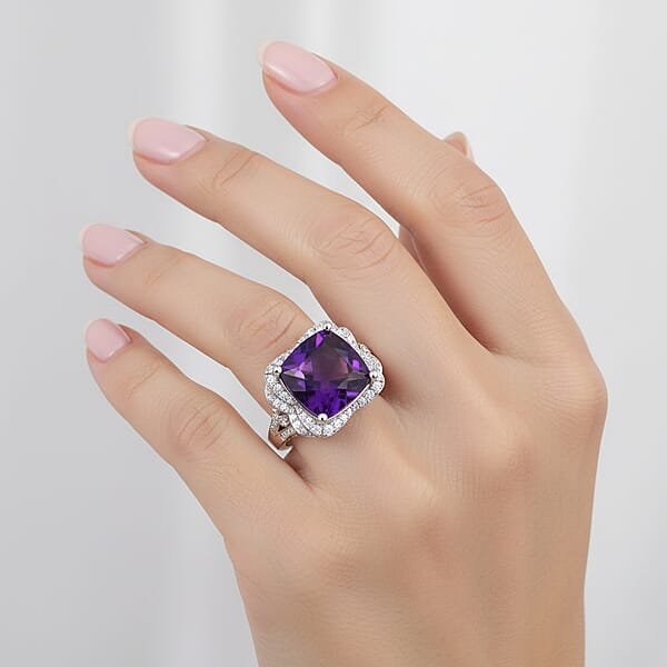 Shop Lc D'Joy AAA Zambian Amethyst And Moissanite 5.65 Ctw Poinsettia Flower Ring In Rhodium Over Sterling Silver