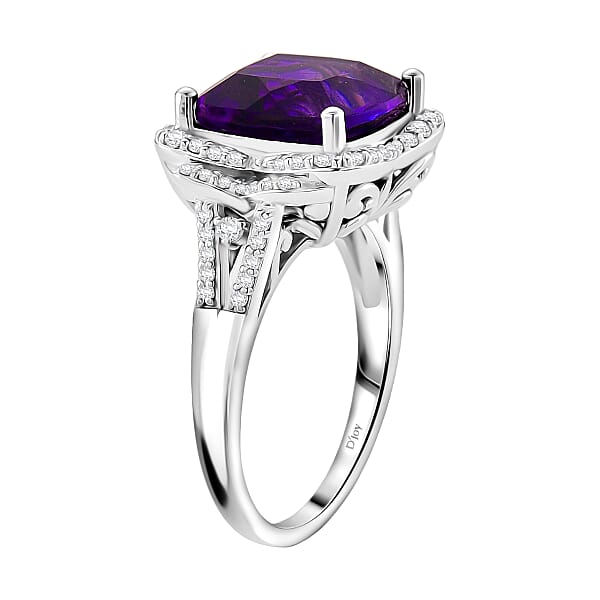 Shop Lc D'Joy AAA Zambian Amethyst And Moissanite 5.65 Ctw Poinsettia Flower Ring In Rhodium Over Sterling Silver