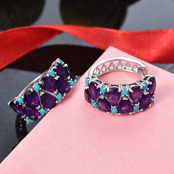 Shop Lc D'Joy African Amethyst And Lagoon Turquoise 12.10 Ctw Tears Of The Moon Earrings In Rhodium Over Sterling Silver