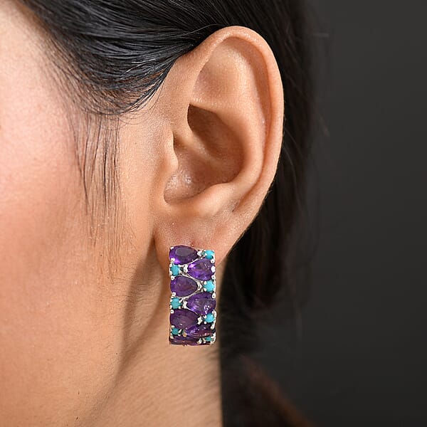 Shop Lc D'Joy African Amethyst And Lagoon Turquoise 12.10 Ctw Tears Of The Moon Earrings In Rhodium Over Sterling Silver