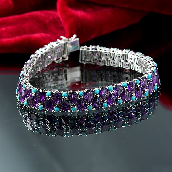 Shop Lc D'Joy African Amethyst And Sleeping Beauty Turquoise 34 Ctw Mystic Oasis Bracelet In Rhodium Over Sterling Silver (8.00 In)