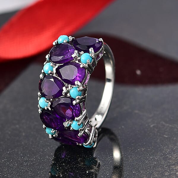 Shop Lc D'Joy African Amethyst Lagoon Turquoise Ring In Rhodium Over Sterling Silver 5.50 Ctw