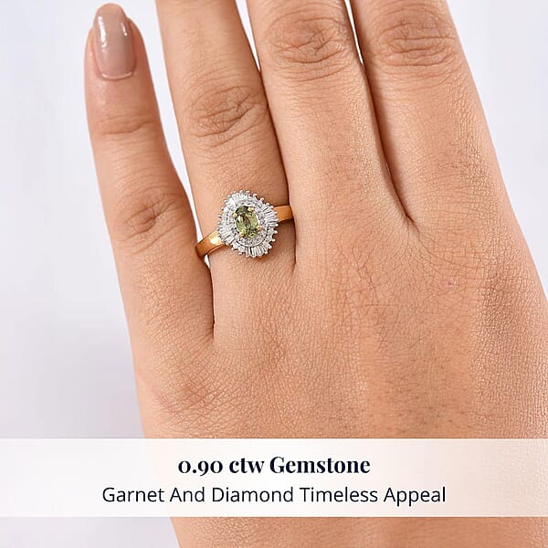 Shop Lc D'Joy Ambanja Demantoid Garnet And Diamond 0.90 Ctw Sunburst Ring In 18K Vermeil Yellow Gold Over Sterling Silver