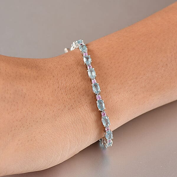 Shop Lc D'Joy Aqua Kyanite And Madagascar Pink Sapphire 12.40 Ctw Water Bubbles Bracelet In Rhodium Over Sterling Silver (7.25 In)