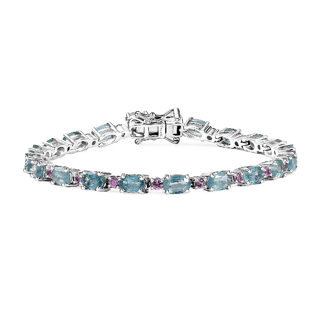 shop lc D'Joy Aqua Kyanite and Madagascar Pink Sapphire 12.40 ctw Water Bubbles Bracelet in Rhodium Over Sterling Silver (7.25 In)