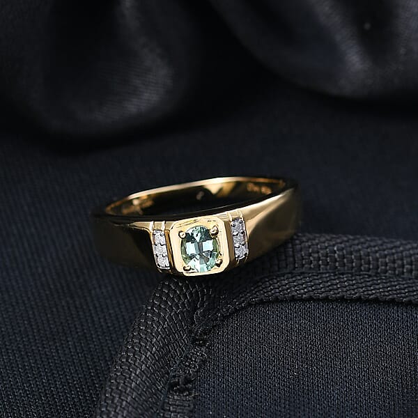 Shop Lc D'Joy Arquiana Mint Tourmaline Diamond Men's Ring In 18K Vermeil YG Over Sterling Silver 0.40 Ctw